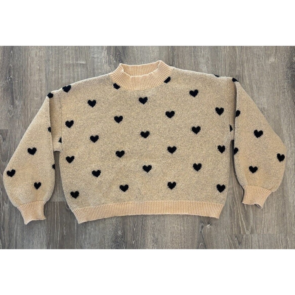 SHEIN Tan Black Heart Mock‎ Neck Lantern Sleeve Knit Sweater Large L